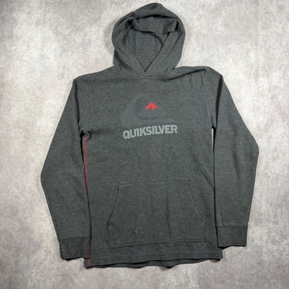 Quiksilver Boys L 14/16 Gray Waffle Knit Thermal Hoodie Sweatshirt Surf Logo